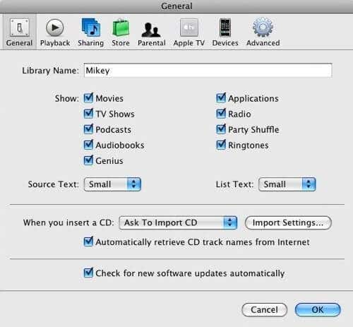 iTunes General settings dialog