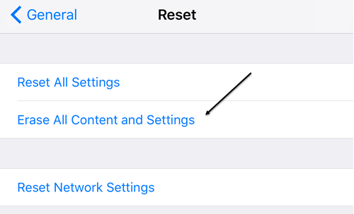 Select Erase All Content and Settings under Reset