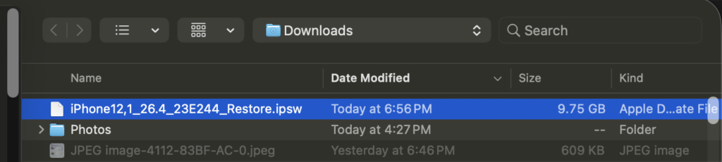 Screenshot 2026-04-21 at 65759 PM - Switching To Mac IPSW file in Finder on Mac