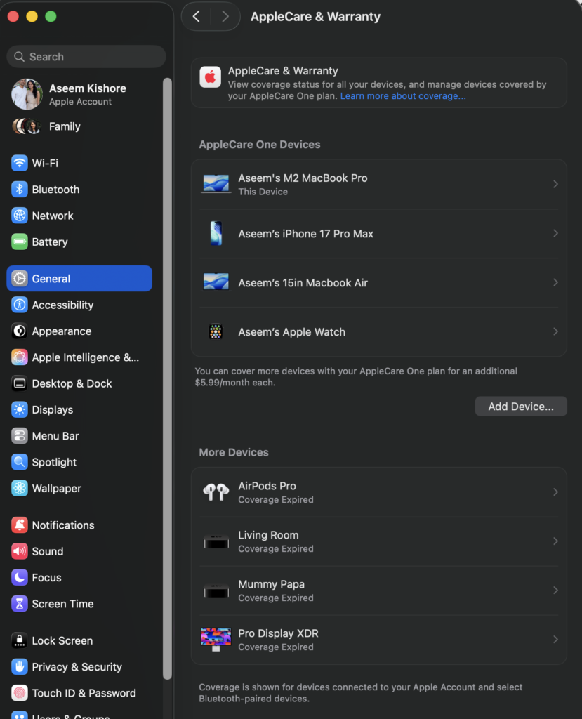 apple care and warranty - Switching To Mac System Settings - General - AppleCare & Warranty with list of devices covered.