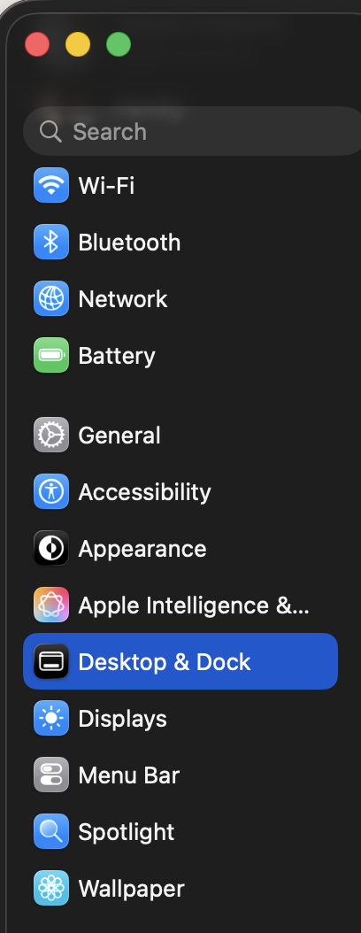 desktop and dock - Switching To Mac macOS system settings, desktop and dock left menu