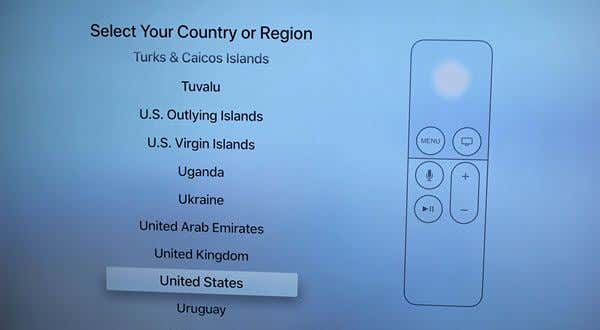 Select Country or Region screen on Apple TV 4K