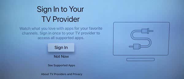 Sign In to Your TV Provider screen on Apple TV 4K