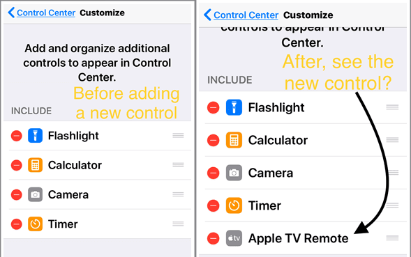 Control Center settings before and after adding Apple TV Remote