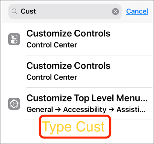 Type "cust" in search window Control Center