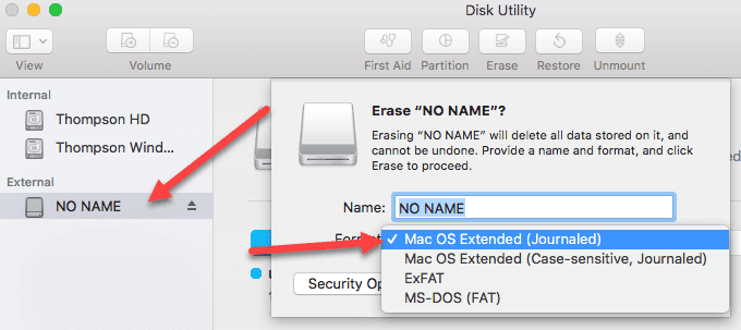 Erase "NO NAME" disk, select Mac OS Extended (Journaled)