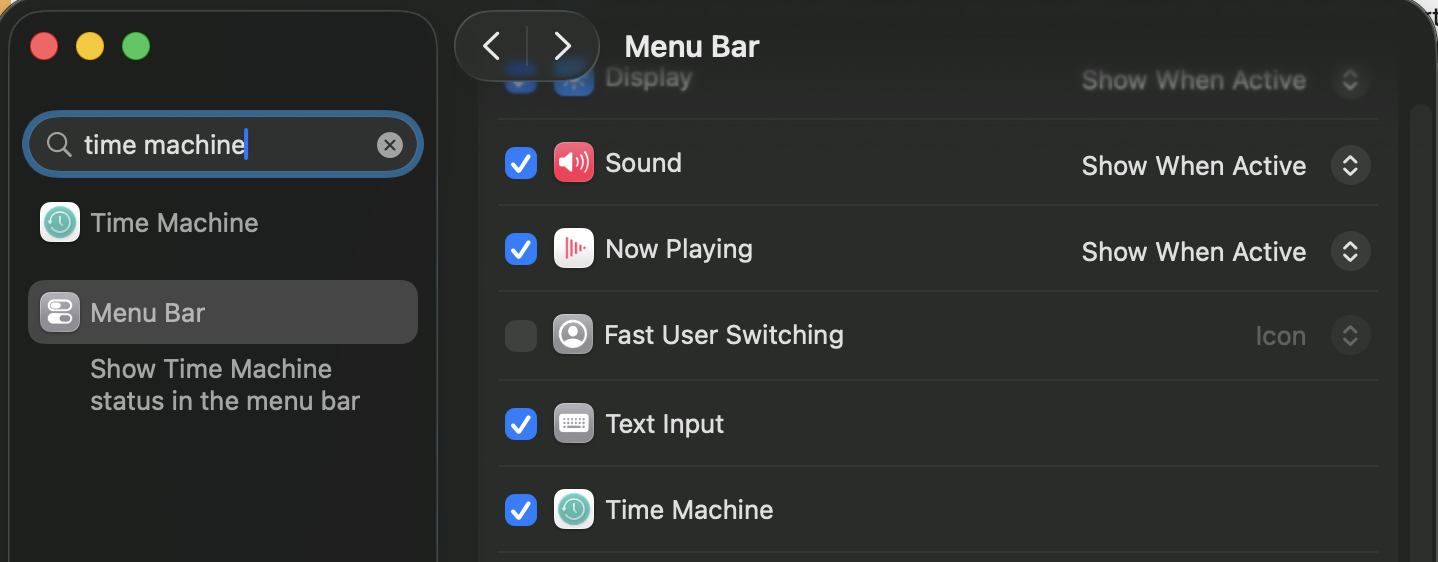 time machine - Switching To Mac macOS Settings: Time Machine item highlighted in the Menu Bar settings with a search for 'time machine' on the left pane