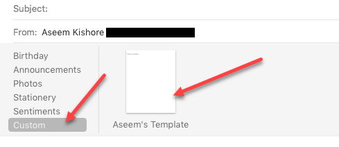 Aseem's Template selected under Custom stationary