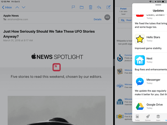 News and Safari in split view and the App store in slide over