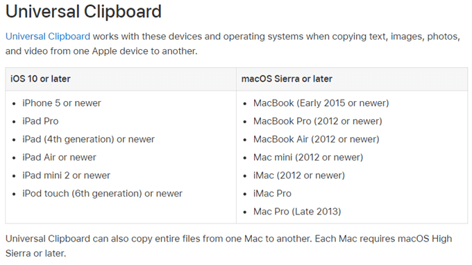 Universal Clipboard software/hardware requirements