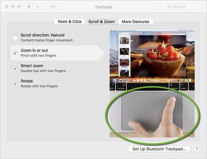 Trackpad More Gestures window with pinching gesture