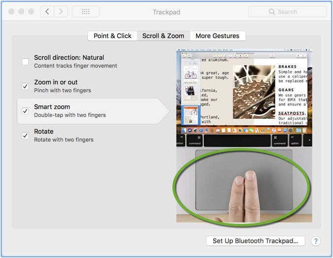 Trackpad More Gestures window with double-tap gesture circled