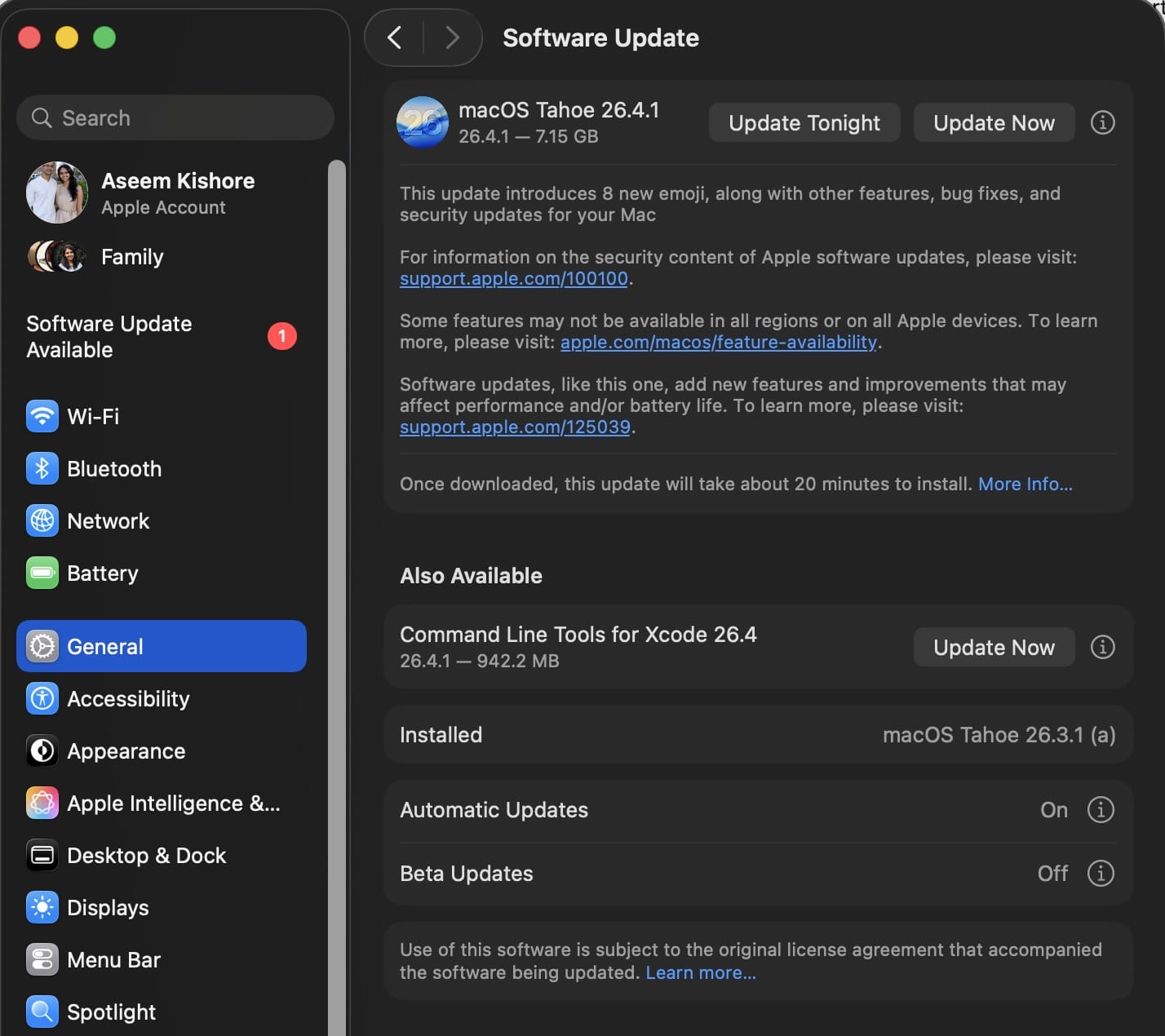 macOS System Settings > General > Software Update showing macOS 26 is up to date