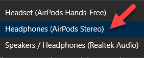 Headphones (AirPods Stereo) indicated