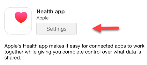 Settings button on Health App indicated