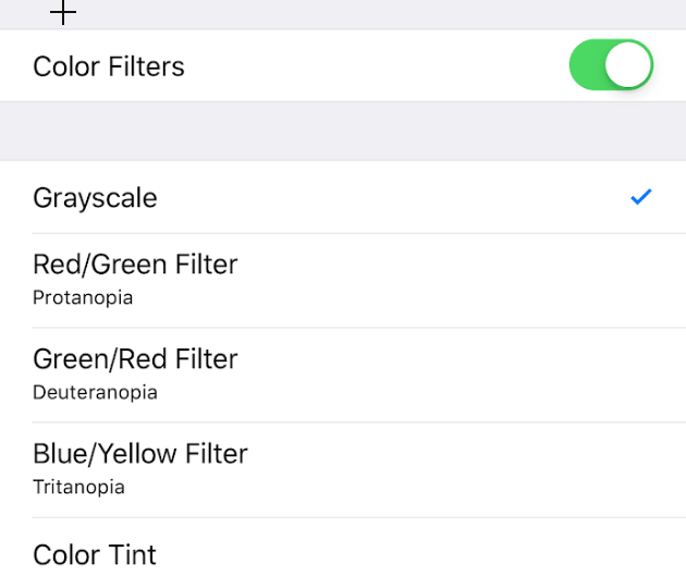 Color Filters menu turned on with Greyscale selected