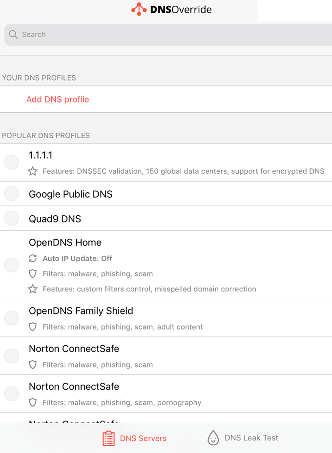 DNS Override window where you select new DNS