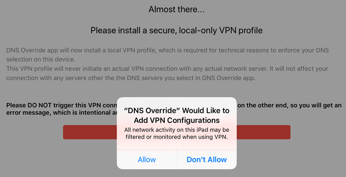 iOS prompt asking you to allow DNS Override to add VPN configurations