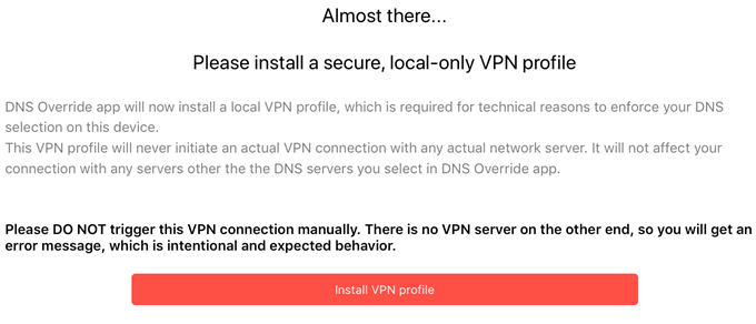 Alert telling you to install dummy VPN profile on your device
