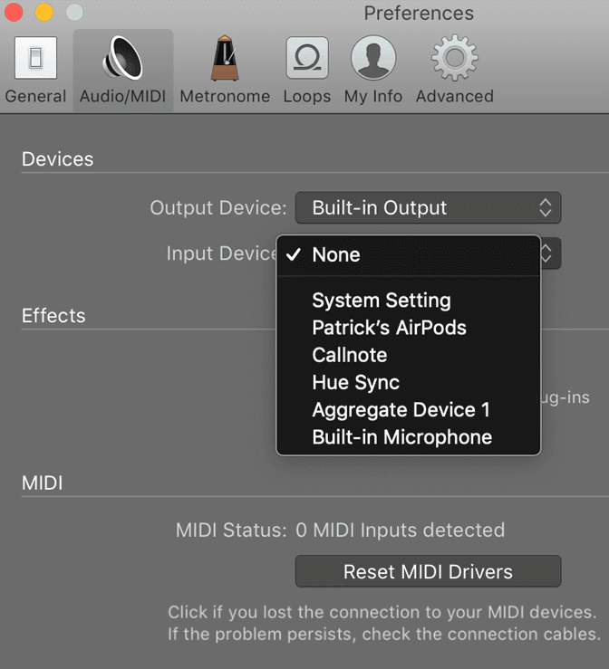 Selecting Aggregate Device 1 as the Input Device in the Audio/MIDI window in GarageBand preferences