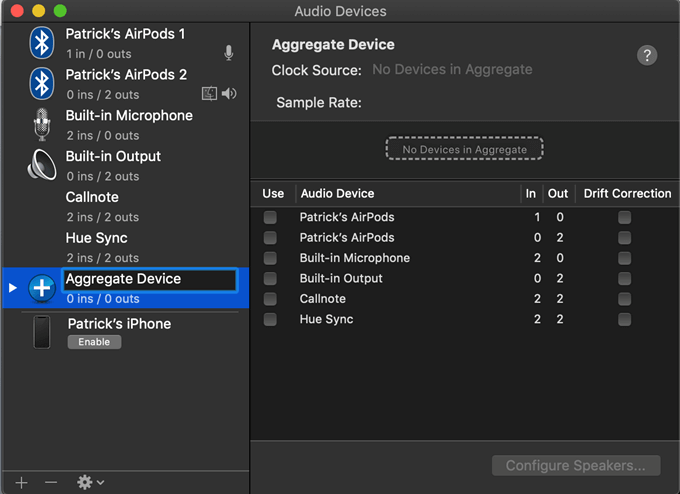 Aggregate Device selected and double-clicked to rename it