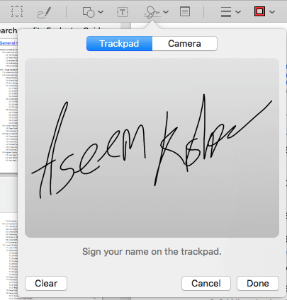 Signature of Aseem Kehore on trackpad window