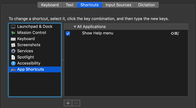 App Shortcuts window under Keyboard settings