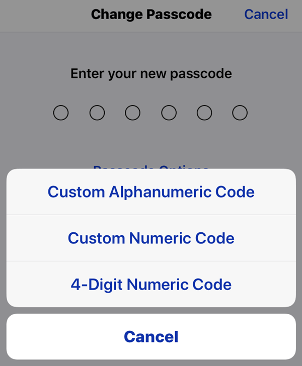 Change Passcode options pop-up menu