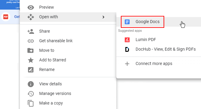 Open with menu with Google Docs selected
