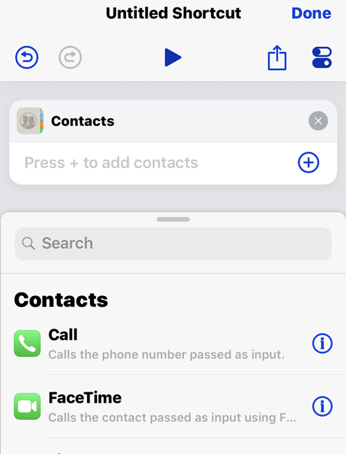 Contacts added as a task in Untitled Shortcut