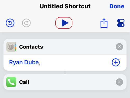 Call chosen as action in Untitled Shortcut