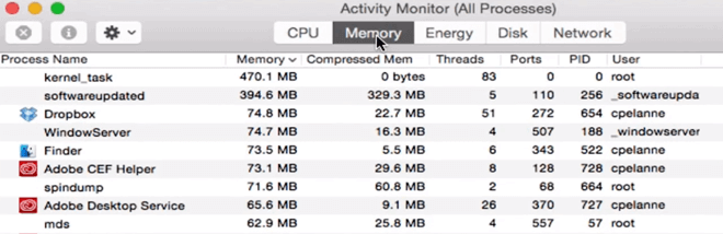 Activity Monitor window with Memory tab selected