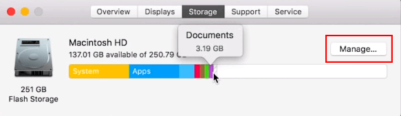 Storage tab selected on About This Mac menu, Manage button highlighted