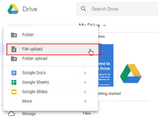 File Upload selected in Google Drive menu