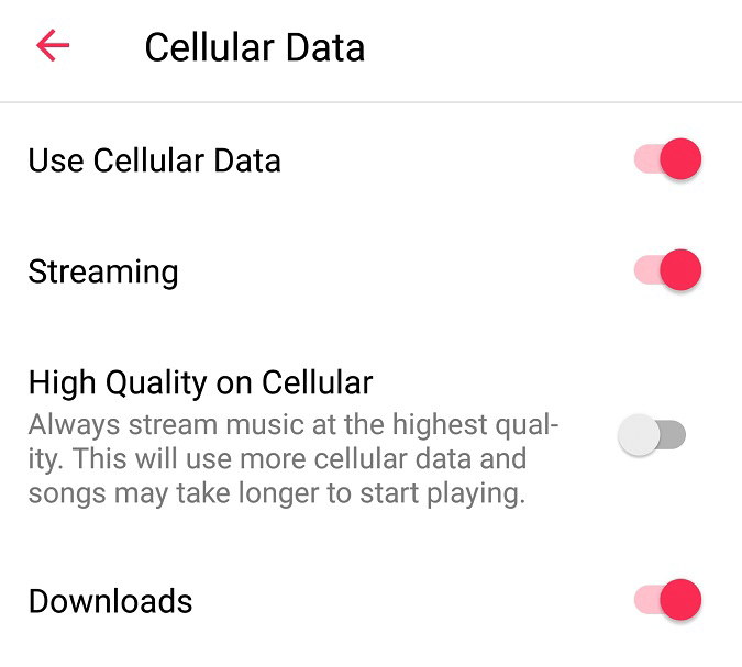 Cellular Data settings window with High Quality turned off