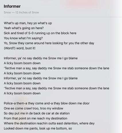 Lyrics to "Informer" by Snow