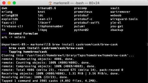 Terminal with commands to install HomeBrew Cask