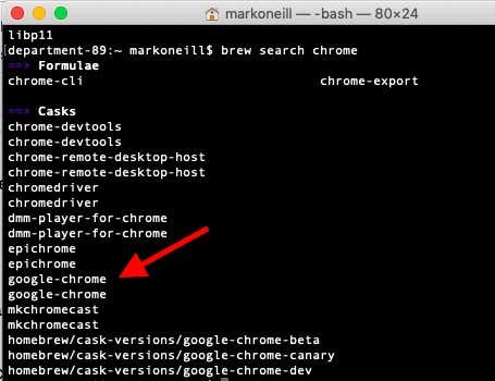 HomeBrew packages that have to do with Google Chrome indicated in Terminal window