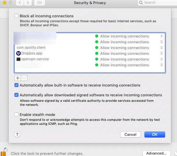 Security & Privacy window with 2 items checked