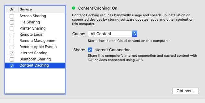 All sharing turned off except for Content Caching