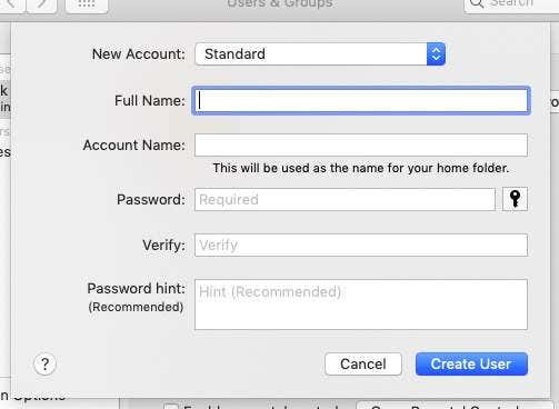 Create a Standard account window