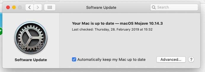 Automatically keep my Mac up to date selected in Software Update window