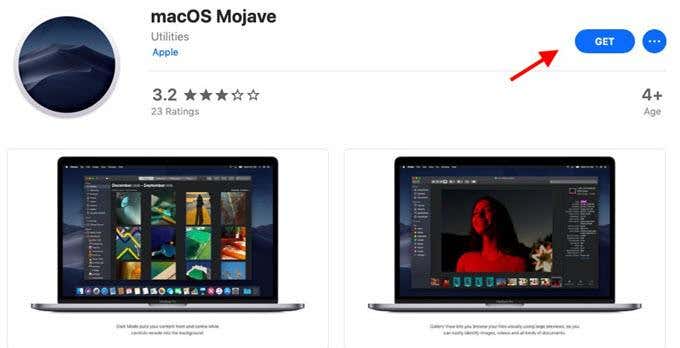 MacOS Mojave in App Store with Get button indicated