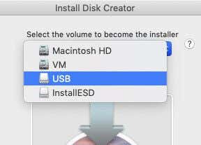 Selecting USB from dropdown menu in Disk Creator