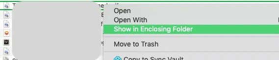 Right-click menu Show in Enclosing Folder selected