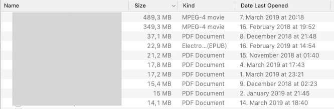 Files in Finder sorted according to size