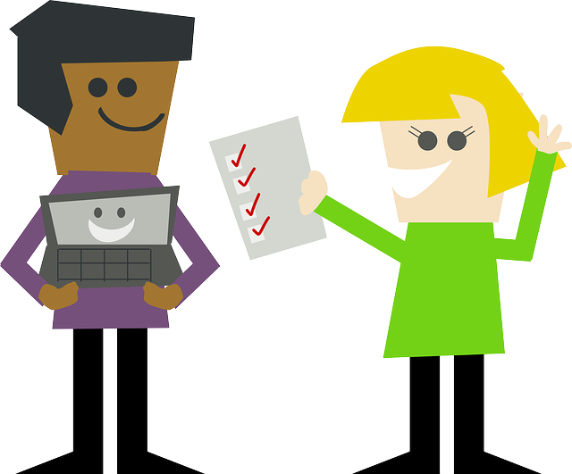Cartoon drawing of man holding laptop and woman holding checklist