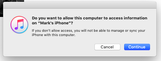 Do you want to allow this computer to access Mark's iPhone popup alert