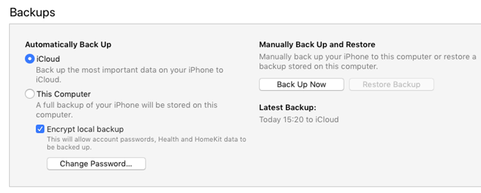 Backups menu in iTunes