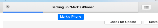 Backing up Mark's iPhone progress bar in iTunes